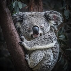 Obraz premium A peaceful image of a koala bear resting in a eucalyptus tree, its soft grey fur and large nose blending harmoniously with the natural surroundings.