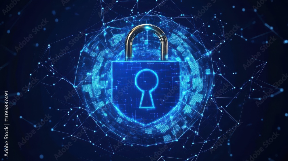 Poster digital padlock symbolizes cybersecurity, with glowing network background representing secure online