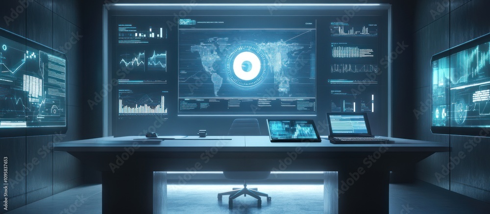 Poster futuristic control room with monitors displaying global data analytics.