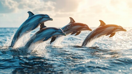 Fototapeta premium A pod of dolphins leaping joyfully out of the ocean, their sleek, shiny bodies catching the light against a backdrop of a clear blue sky.