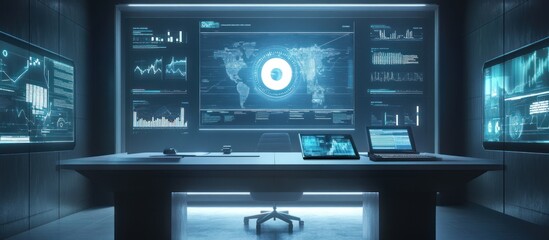 Obraz premium Futuristic control room with monitors displaying global data analytics.