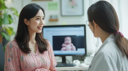 Obraz premium A pregnant patient in Hong Kong receiving an AI-supported checkup, with the doctor using the AI to monitor the baby growth and the mother's health, ensuring optimal care.