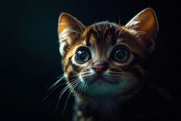 Mystic portrait of baby Margay Cat in studio, copy space on right side, Headshot, Close-up View, isolated on black background