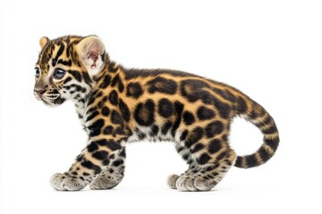 Obraz premium the beside view baby Panthera Uncia standing, left side view, low angle, white copy space on right, Isolated on White Background
