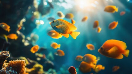 Fototapeta premium A school of colorful fish swimming through a coral reef, their vibrant scales glimmering as sunlight dances through the crystal-clear water.