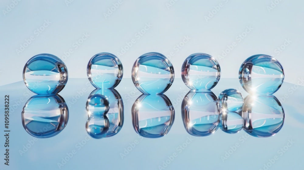 Poster futuristic display of symmetrical glowing glass orbs on a smooth reflective surface visual art insta