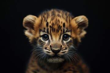 Obraz premium Mystic portrait of baby Panthera Uncia in studio, copy space on right side, Headshot, Close-up View, isolated on black background