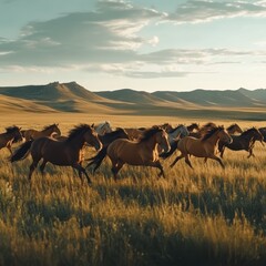 Fototapeta premium A serene 4K clip of a herd of wild horses galloping across a wide-open plain, their manes flowing freely in the wind, set against a backdrop of rolling hills.