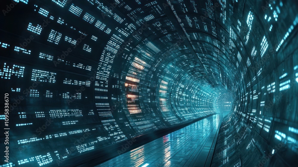 Poster a futuristic tunnel illuminated with glowing data streams and reflections.