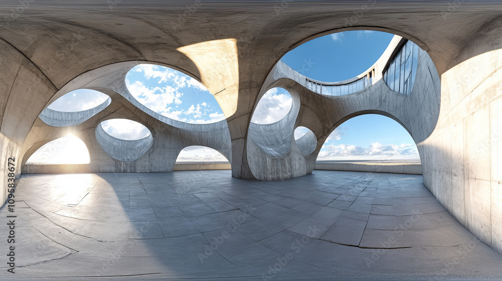 Poster 360 degree panorama view.a 3d image shows an empty, abstract concrete building with an open roof and