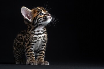 the beside view baby Ocelot standing, left side view, low angle, white copy space on right, Isolated on black Background
