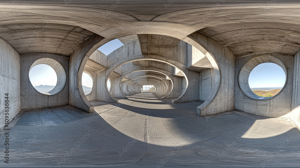 Poster 360 degree panorama view.a 3d image shows an empty, abstract concrete building with an open roof and