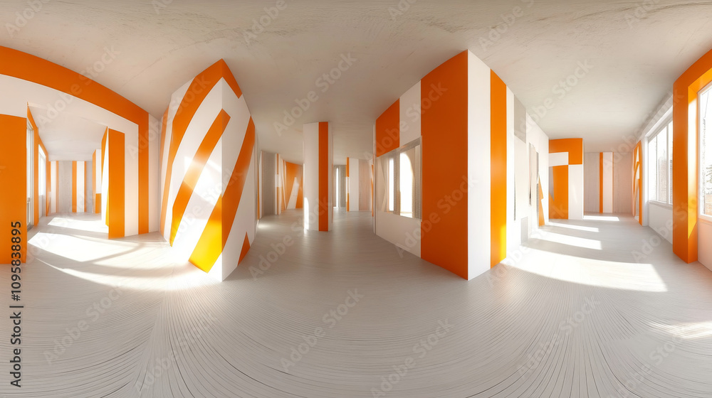 Poster 360 degree panorama view.a 3d image shows an empty room with orange and white geometric walls. it's 