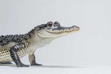 Fototapeta premium the beside view baby Gharial standing, left side view, low angle, white copy space on right, Isolated on White Background