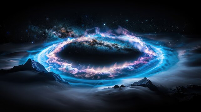 Visualizing black hole events minimalist geometric representation of event horizon in electric blue and purple colors