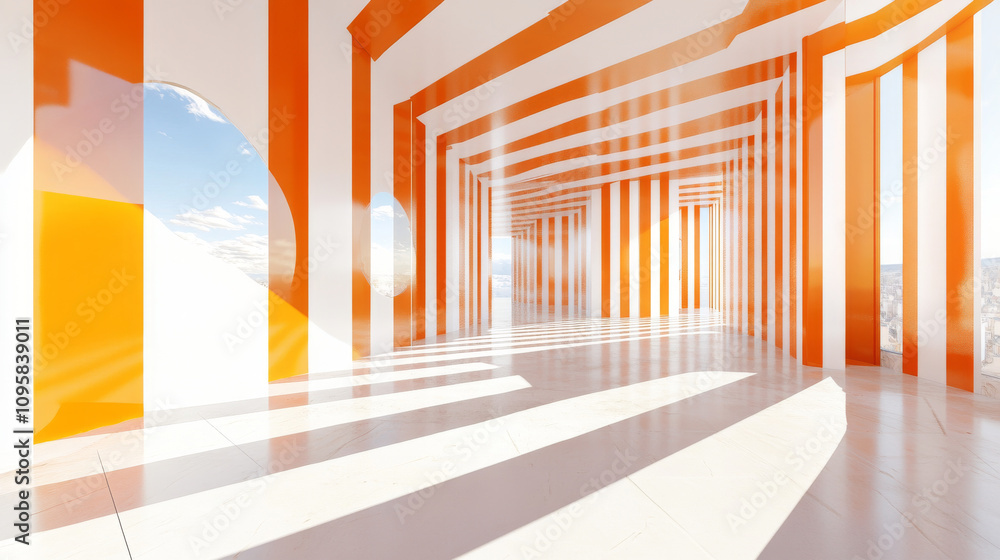 Poster 360 degree panorama view.a 3d image shows an empty room with orange and white geometric walls. it's 