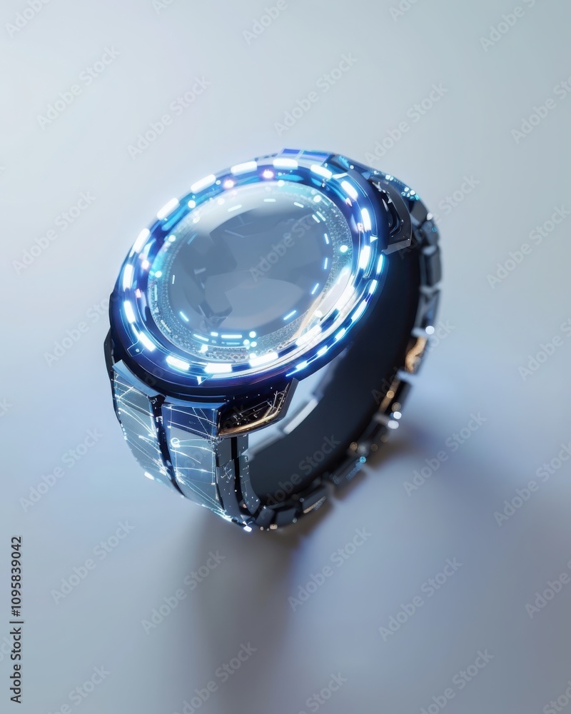 Poster futuristic smartwatch displaying glowing interface white surface product photography minimalist envi