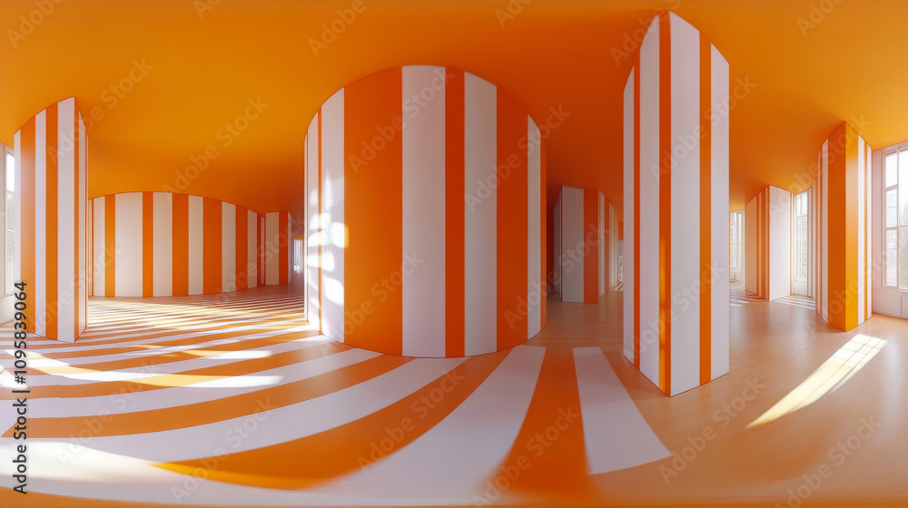 Poster 360 degree panorama view.a 3d image shows an empty room with orange and white geometric walls. it's 