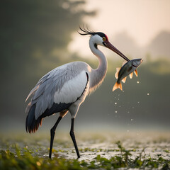 Obraz premium Great Blue Heron with freshly caught native brook trout in beak Generative AI