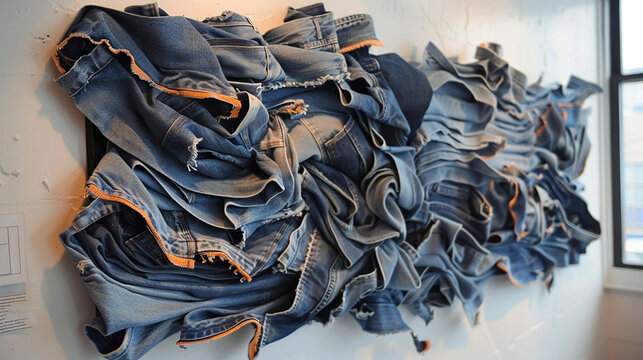 A stylish denim wall art piece made from repurposed jeans, adding texture and interest to any room.