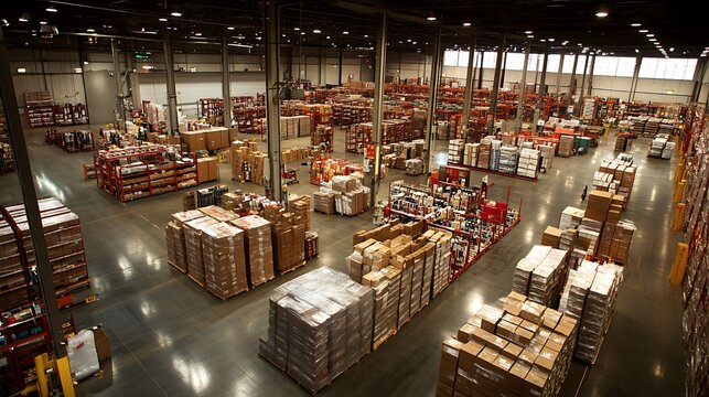 A large warehouse filled with stacked boxes and organized shelving for storage and distribution.