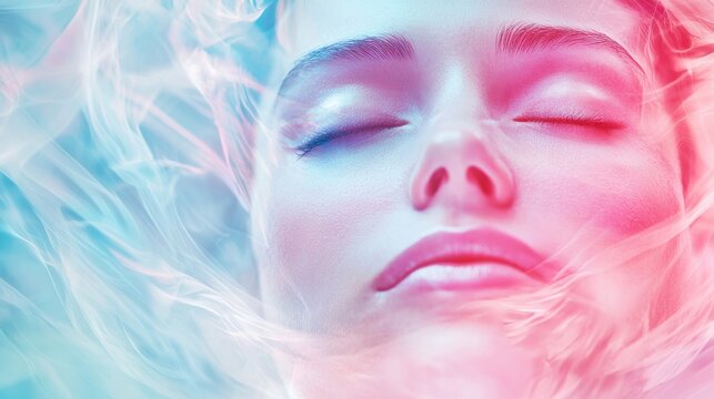 Clear mind with a serene face, surrounded by soft colors and calming visuals