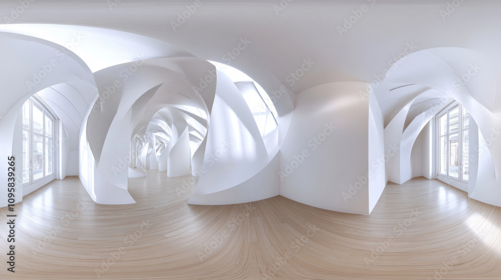Poster 360 degree panorama view.a 3d image shows an empty room. the walls are white and geometric, forming 