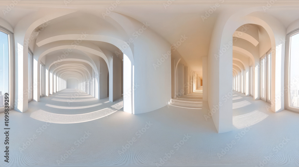 Poster 360 degree panorama view.a 3d image shows an empty room. the walls are white and geometric, forming 