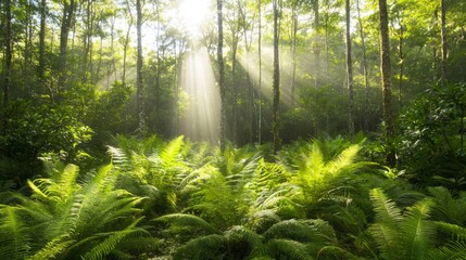 Fototapeta premium Enchanted Fern Forest: Play of Light and Shadow in Lush Greenery