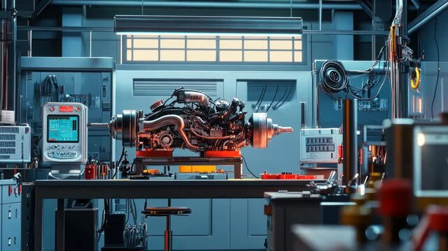 Engine Testing Scene - Modern testing lab with an engine rigged to diagnostic equipment, illustrating quality checks and performance evaluation.