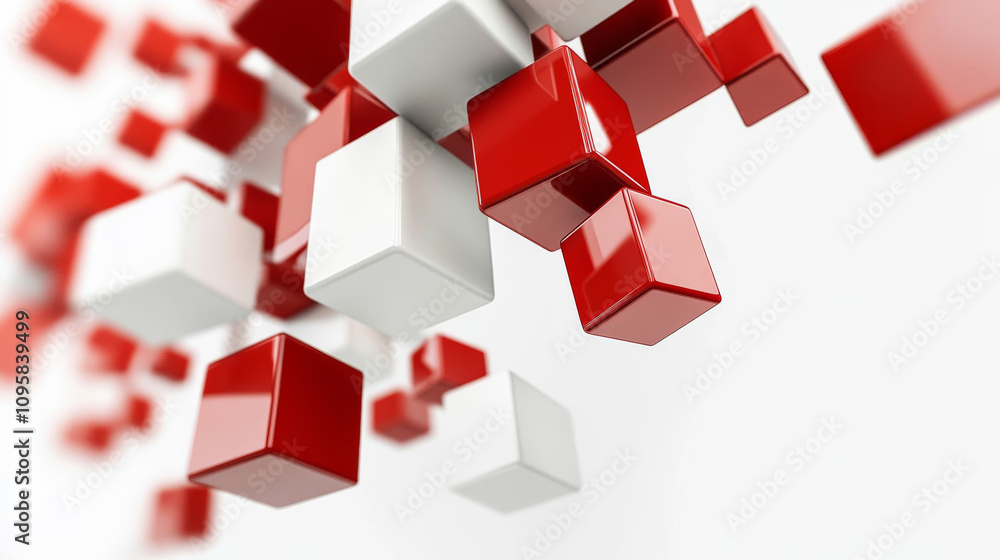 Poster red and white cubes and boxes float against a plain white backdrop.