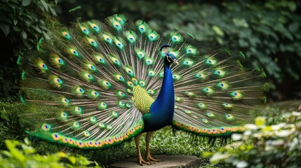 Obraz premium A vibrant peacock fanning out its iridescent tail feathers in a lush garden, with a dazzling array of blues, greens, and golds shimmering in the sunlight.