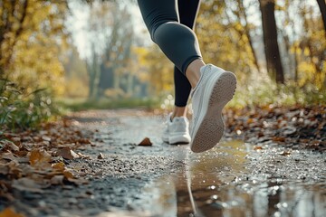 Side view of a young woman jogging on a riverside path close-up of shoes on the trail