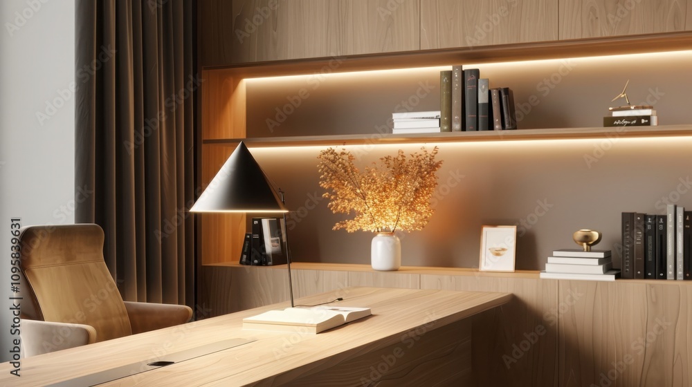 Poster enhancing productivity in a minimalist office corner a serene workspace with sleek desk lamp and woo