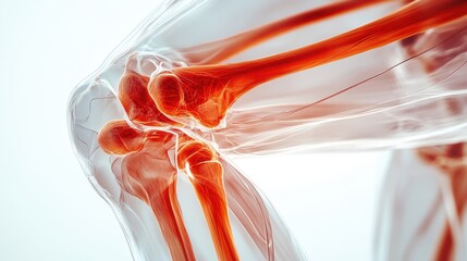 Close-up of knee joint, translucent skeleton, muscles in red, 3D model, transparent bones, white background, precise anatomical illustration.