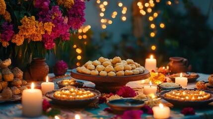 Diwali evening scene with a table set with traditional Indian sweets, candles, and flowers, glowing softly under the flickering light of diyas.