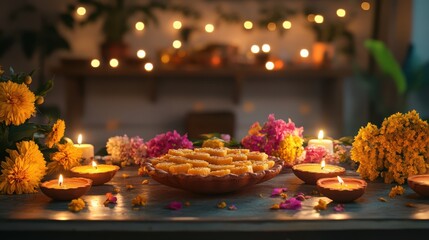 Fototapeta premium Diwali evening scene with a table set with traditional Indian sweets, candles, and flowers, glowing softly under the flickering light of diyas.
