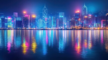 Fototapeta premium A vibrant city skyline at night, reflecting colorful lights on water.