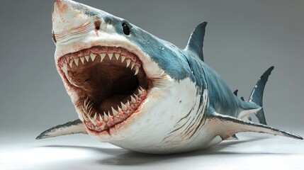 Great white shark with open jaws, detailed rendering against a neutral background.