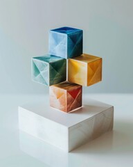 Fototapeta premium Symmetrical stacking of colorful cubes on a white surface minimalist art installation contemporary design indoor space close-up view modern aesthetic