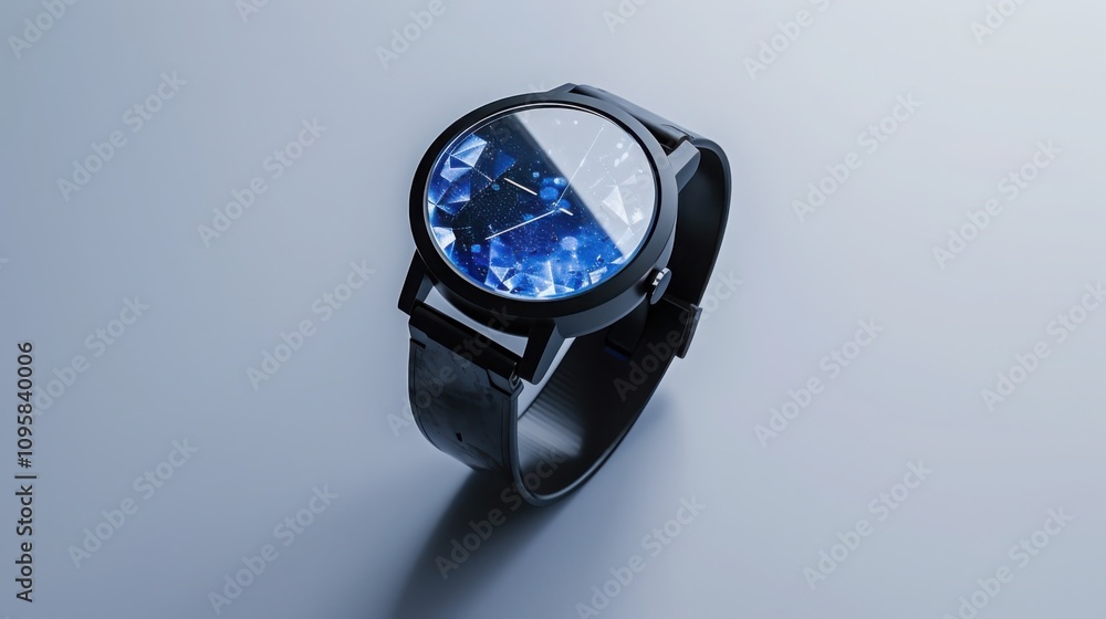 Poster showcase minimalist smartwatch in high-tech product visualization soft blue holographic glow geometr