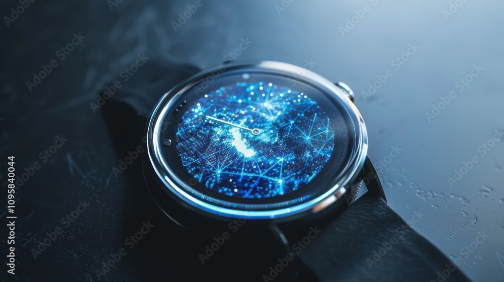 Poster showcasing minimalist smartwatch design high-tech environment digital interface visualization soft b