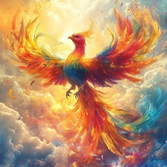 Obraz premium A vibrant phoenix with outstretched wings flies through a fiery, colorful sky.