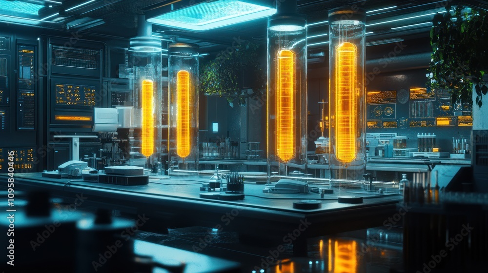 Poster futuristic laboratory with glowing containers and advanced technology.