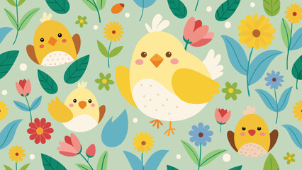 Pattern of Chicks Hatching from Easter Eggs with Spring Flowers. Perfect for: Easter, Textile design, Children's products
