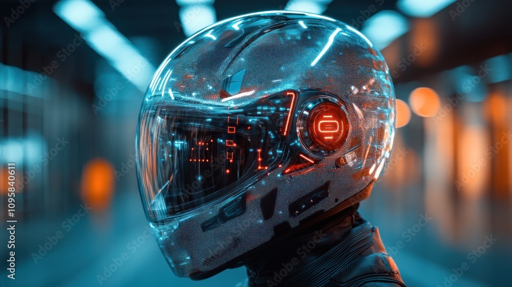 Poster a futuristic helmet with a transparent design and glowing elements, set in a high-tech environment.