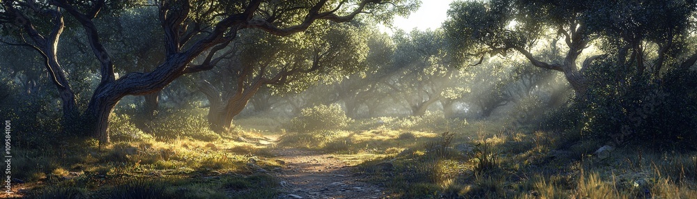 Aufkleber a serene forest scene with soft sunlight filtering through trees, illuminating the lush greenery and