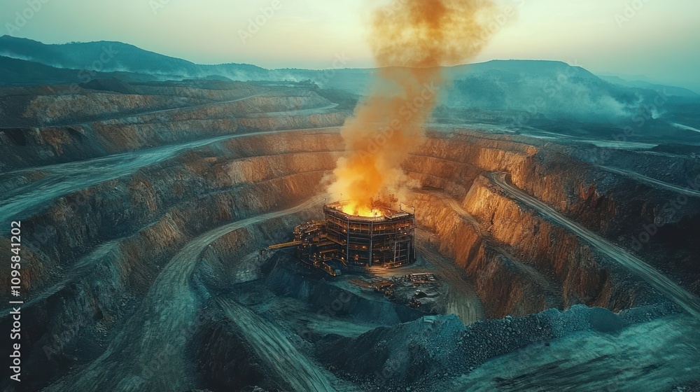 Aufkleber aerial view of a mining site with smoke rising from an explosion in the pit.