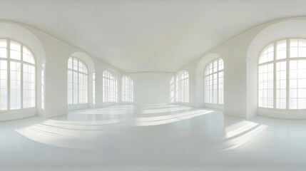 360 degree panorama view.A virtual reality scene: a bright white room, seen from all angles.