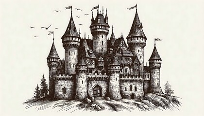 Obraz premium Intricate Illustration of a Majestic Medieval Castle With Towers. generator AI